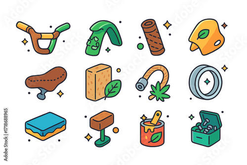 Eco-Friendly Bike Materials. Colorful isometric vector icons set of sustainable materials for bike building: bamboo handlebar, recycled plastic mudguard,