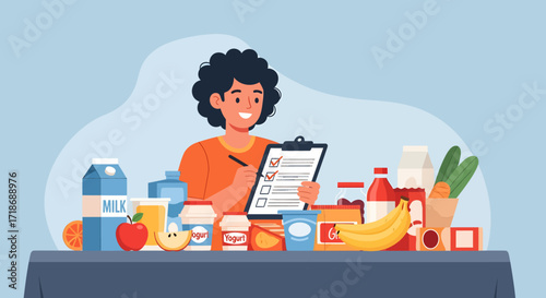 Flat lay illustration of a person checking a grocery list, surrounded by various food items on a table, conveying a positive and organized mood against a light blue