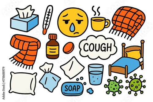 Common Cold Essentials. Colorful Hand-drawn doodle Children illustration Common cold tissues, thermometer, hot tea, blanket, runny nose emoji, cough cloud,