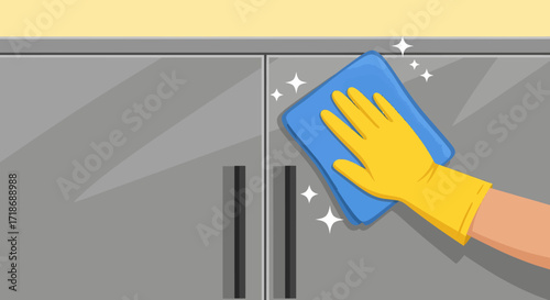 Close-up illustration of a hand in a yellow glove cleaning gray kitchen cabinets with a blue cloth, flat lay style, conveying a clean and fresh mood against a plain