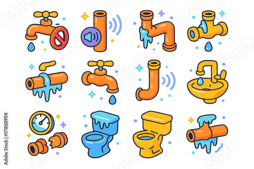 Frozen Plumbing Icons. Colorful isometric vector icons set of signs of frozen plumbing: no water from faucet, loud pipe noise, bulging pipe, ice buildup, water
