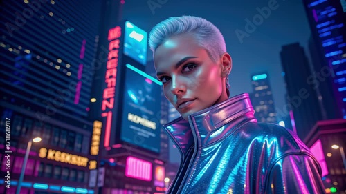 Futuristic Woman Neon City Night Urban Short Hair Metallic or Silver Jacket Confident Vibrant Glowing Cyberpunk Lights