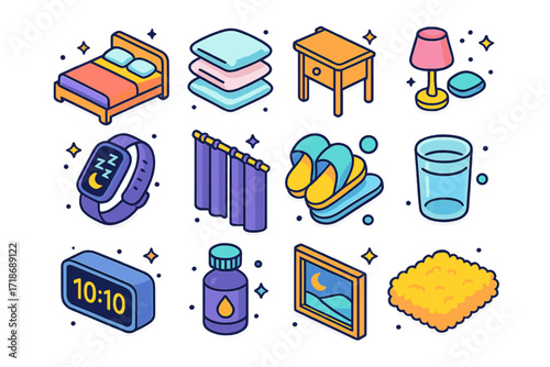 Sleep Essentials Icons. Colorful isometric vector icons set of bedroom essentials for sleep: comfy bed, fluffy pillow stack, side table, ambient lamp, sleep