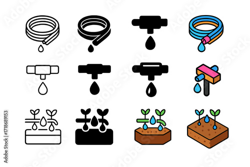 Drip Irrigation Icons. Icon Set of Drip Irrigation Basics: Drip hose, Water emitter, Soil bed. Icons set in vector style, emblematic variations. Drip hose