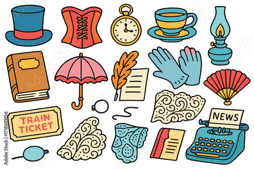 Victorian Doodle Icons. Colorful Hand-drawn doodle Children illustration [Victorian era inspiration] [top hat, corset, pocket watch, teacup, gas lamp, old