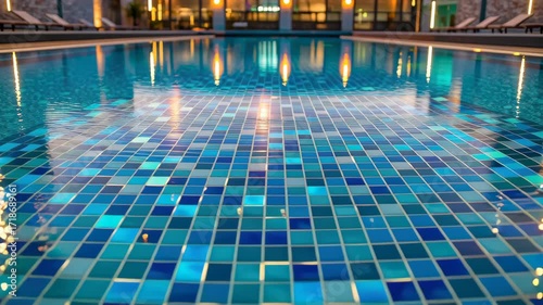 Blue Tile Swimming Pool Outdoor Evening Calm Water Reflection Luxury Relaxation Modern Hotel Tranquil Atmosphere Inviting Resort