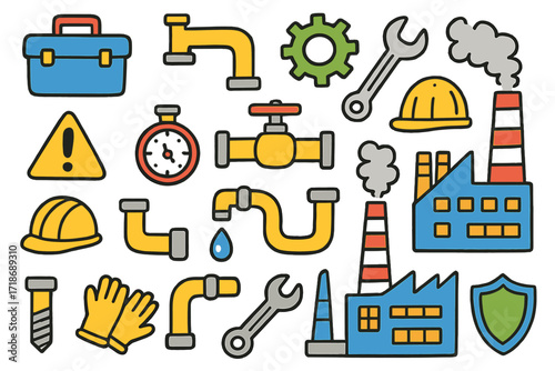 Industrial Tools Icons. Industrial pipes. Colorful Hand-drawn doodle Children illustration valve, pipe, gear, wrench, drop of water, smoke stack, toolbox,