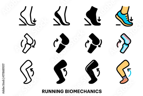 Running Biomechanics Icons. Icon Set of Running Biomechanics: Foot strike pattern, Knee joint motion, Arm swing. Icons set in vector style,