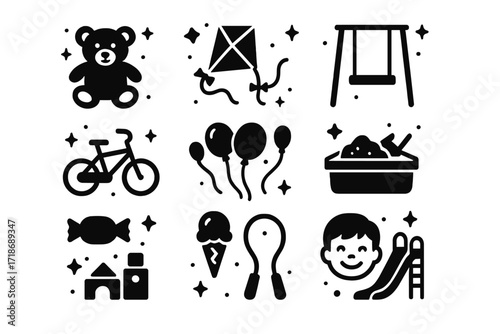 Childhood Joy Icons. Childhood happiness. Solid icons set of childhood happiness: toy teddy bear, kite, swing, bicycle, balloons, sandbox, candy, ice cream,