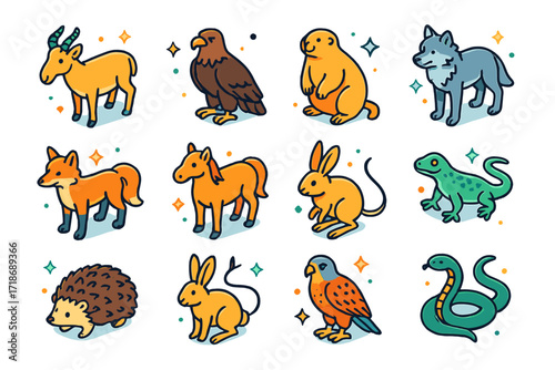 Steppe Wildlife Icons. Colorful isometric vector icons set of steppe wildlife: saiga antelope, steppe eagle, marmot, wolf, steppe fox, wild horse, jerboa,