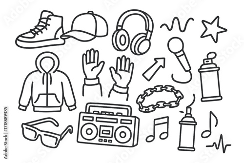 Hip Hop Icon Doodles. Hand-drawn doodle illustration Hip hop dance sneakers, cap, headphones, boombox, graffiti star, wave line, microphone, chain, hoodie,