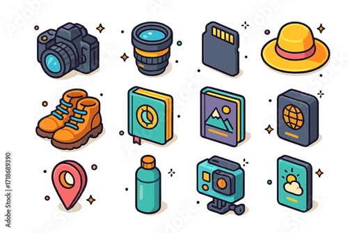 Travel Photography Gear Icons. Colorful isometric vector icons set of travel gear for historical photography: DSLR camera, wide-angle lens, SD card, sunhat,