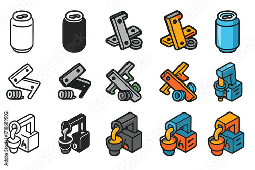 Metal Recycling Icons. Icon Set of Metal recycling: aluminum can, metal scrap, smelting furnace. Icons set in vector style, emblematic variations. Aluminum can