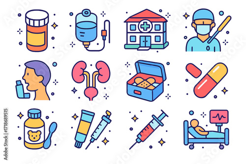 Antibiotic Application Icons. Colorful isometric vector icons set of clinical applications of antibiotics: prescription bottle, IV antibiotic drip, hospital