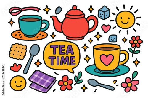 Tea Time Doodles. Colorful Hand-drawn doodle Children illustration Tea Time with Coasters tea mug, saucer, coaster, teapot, sugar cube, spoon, heart, sparkles,