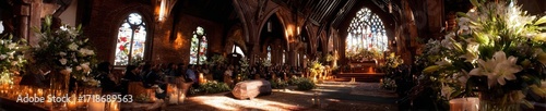 Funeral service in sunlit church with mourners near wooden casket adorned with white lilies as priest gives blessing before stained glass windows.