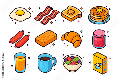 Colorful Breakfast Icons. Colorful isometric vector icons set of classic breakfast items: fried egg, bacon strips, buttered toast, pancakes with syrup, sausage