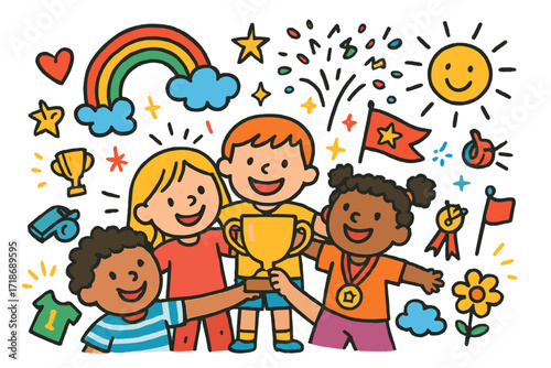 Team Triumph Celebration. Colorful Hand-drawn doodle Children illustration Team Triumph [group hug, trophy, medal, flag, star, rainbow, spark, confetti, heart,