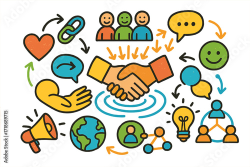 Colorful Community Connection. Colorful Hand-drawn doodle Children illustration [Social ripple effect] [handshake, group of people, heart, chain links, speech