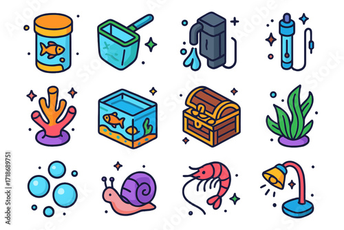 Aquarium Icons Collection. Aquarium Life. Colorful isometric vector icons set of Aquarium Life: fish flakes container, fish net, aquarium filter, water heater,