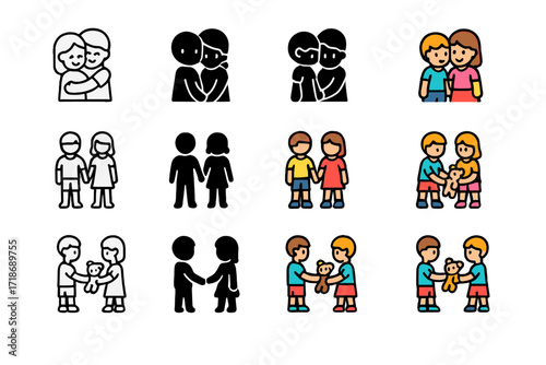 Sibling Love Icons. Icon Set of Sibling love moments: siblings hugging, holding hands, sharing toys. Icons set in vector style, emblematic variations. Siblings