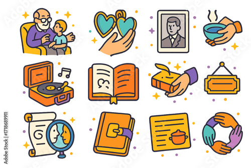 Generational Icons Collection. Colorful isometric vector icons set of Generational influence on self-perception: grandparent storytelling, heirloom object,