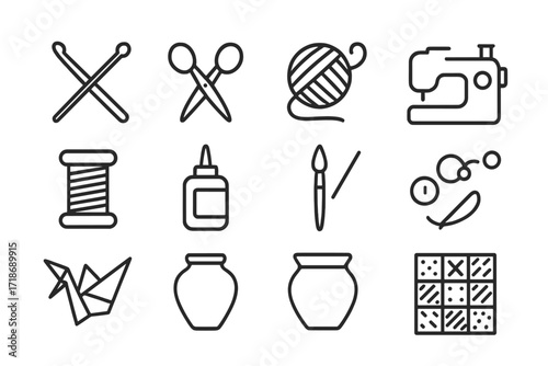 Handmade Crafts Icons. Handmade crafts. Line icon set of handmade crafts: knitting needles, crochet hook, scissors, yarn ball, sewing machine, thread spool,