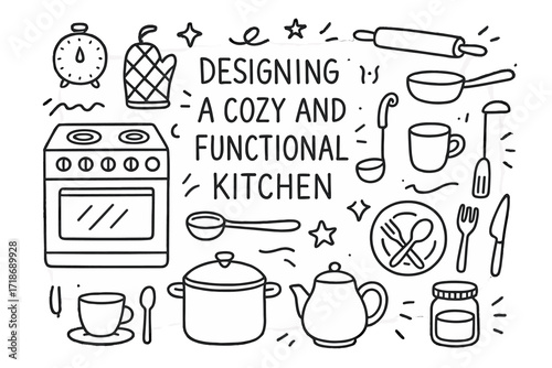 Cozy Kitchen Doodle. Hand-drawn doodle illustration Designing a cozy and functional kitchen Oven, Stove, Timer, Oven mitt, Rolling pin, Pan, Pot, Ladle,