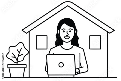 Woman working on laptop in front of a house illustration home remote work