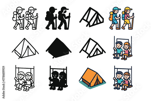 Adventure Siblings Icon Set. Icon Set of Adventure siblings: hiking together, camping tent, siblings on swing. Icons set in vector style, emblematic