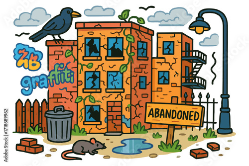 Urban Doodle Scene. Colorful Hand-drawn doodle Children illustration Urban ruins broken windows, graffiti, cracked walls, vines, abandoned sign, crow, trash