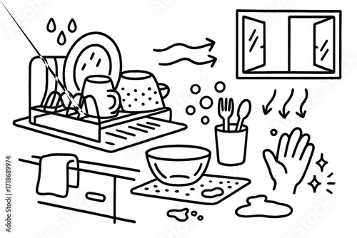 Kitchenware Drying Doodle. Hand-drawn doodle illustration [air-drying kitchenware] [dish rack, plate with water drops, mug upside down, colander, glass bowl,