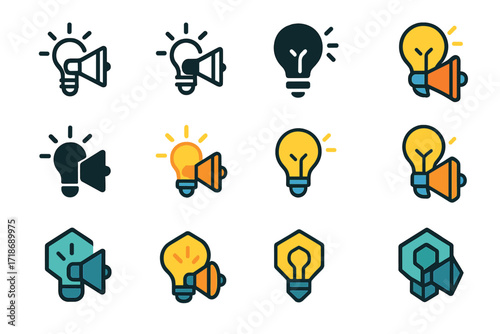 Creative Logo Set. Set Logo of Digital Marketing: Brand Awareness Lightbulb. Logo set in vector style, emblematic variations. line, bold thick line, solid