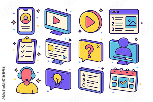 Isometric Training Icons. Colorful isometric vector icons set of Remote training and onboarding: welcome screen, online tutorial monitor, video play button,