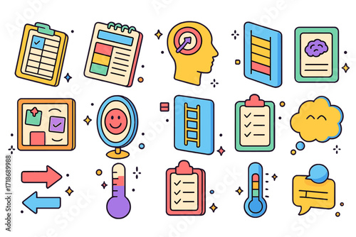 CBT Tools Icon Set. Colorful isometric vector icons set of cognitive behavioral therapy tools: CBT worksheet, thought record form, challenge belief icon,