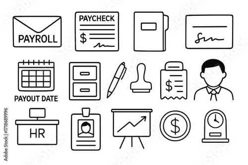 Payroll Doodles. Hand-drawn doodle illustration payroll envelope distribution envelope stack, paycheck form, office folder, signature field, payout date, file