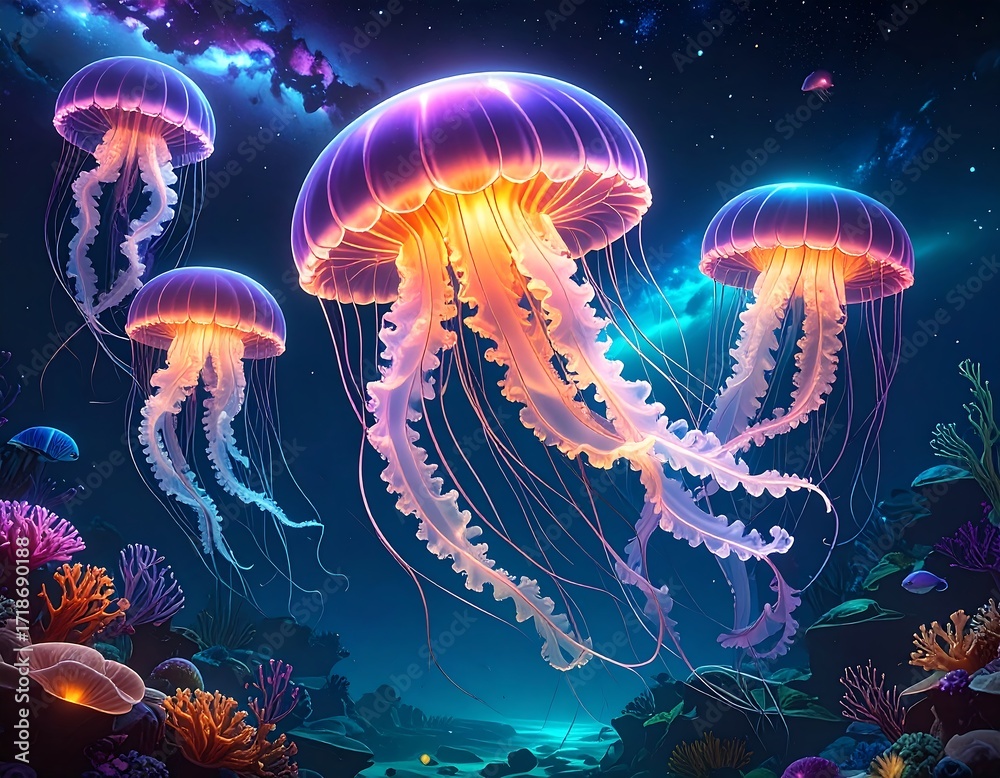 Fototapeta premium Glowing jellyfish in a vibrant underwater scene (1)