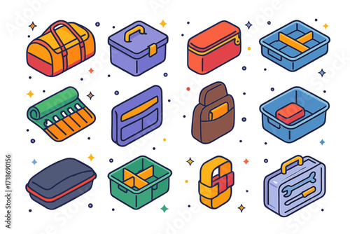 Colorful Emergency Kit Icons. Colorful isometric vector icons set of emergency roadside kit storage: duffel bag, plastic storage box, zippered pouch,