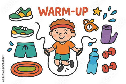 Children's Fitness Doodles. Warm-up. Colorful Hand-drawn doodle Children illustration warm-up jumping rope, sneakers, whistle, timer, headband, dumbbell, yoga