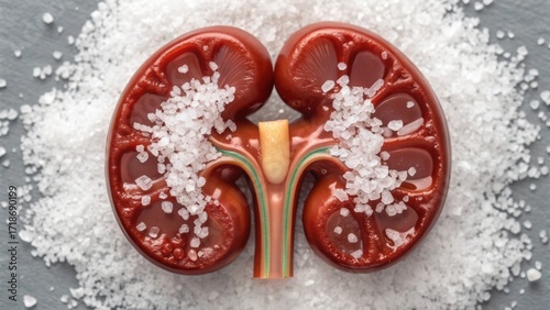 An artistic representation of a human kidney surrounded by salt crystals, highlighting the concept of health and dietary impacts on kidney function.