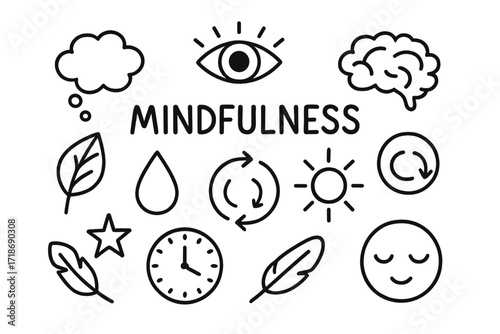 Symbols of Mindfulness. Mindfulness. Hand-drawn doodle illustration open eye, thought cloud, breathing symbol, leaf, water droplet, sun, brain, spiral, star,