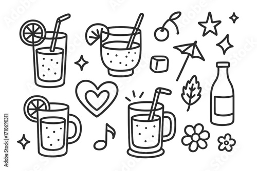 Glowing Doodle Mocktails. Hand-drawn doodle illustration Glowing mocktails [juice glass, smoothie glass, straw, lemon slice, cherry, umbrella, sparkle, neon