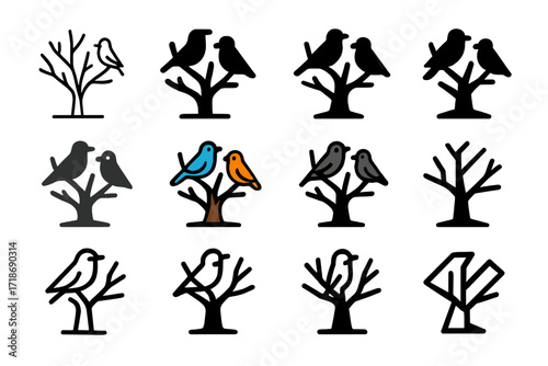 Barren Tree Logo Collection. Set Logo of Barren Tree: Tree with Birds Perched on Branches. Logo set in vector style, emblematic variations. line, bold thick