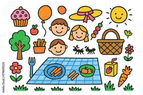 Children's Picnic Scene. Colorful Hand-drawn doodle Children illustration Picnic party cupcake, balloon, plate, fork, juice box, ants, smiling faces, blanket,