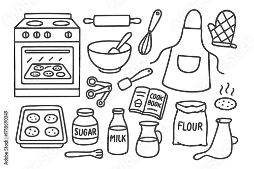 Baking Essentials Doodle. Hand-drawn doodle illustration Kitchen baking scene [oven, stove, rolling pin, whisk, mixing bowl, measuring spoons, spatula, baking