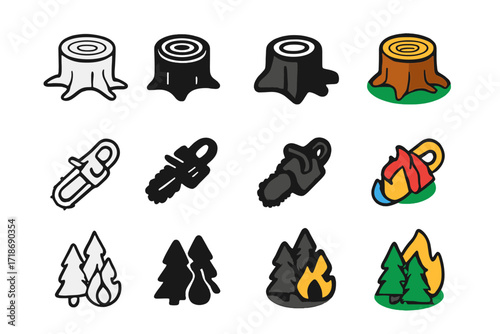 Deforestation Icon Set. Icon Set of Deforestation Studies: Tree stump, Chainsaw, Forest fire. Icons set in vector style, emblematic variations. Tree stump