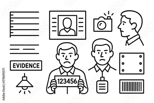 Suspect Lineup Doodles. Hand-drawn doodle illustration mugshot scene height chart, suspect board, flash camera, wall line marks, name tag, suspect hands, shirt