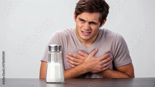A man looks distressed while holding his chest, sitting at a table with a salt shaker, suggesting a health-related concern.