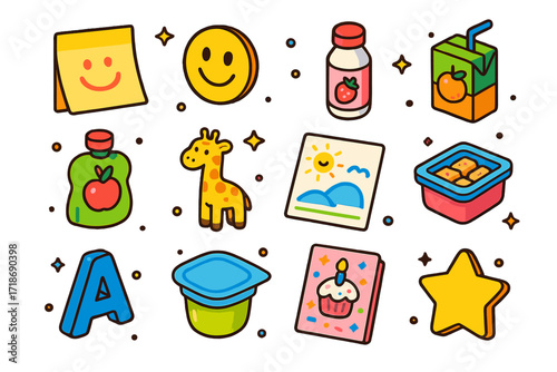 Kid-Friendly Refrigerator Icons. Colorful isometric vector icons set of kid-friendly items on refrigerator door: lunchbox note, smiley magnet face, mini yogurt