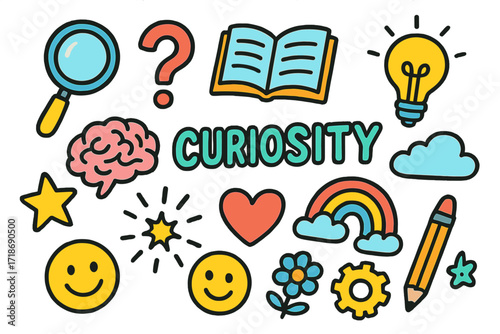 Curious Children's Doodles. Colorful Hand-drawn doodle Children illustration Deep Curiosity [magnifying glass, question mark, book, light bulb, brain, rainbow,